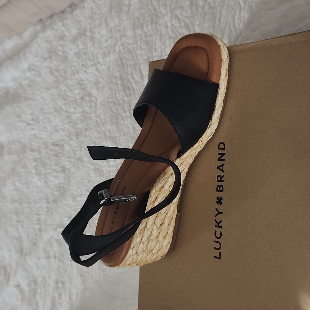 Luck brand leather upper black wedge with RAFFIA like wedge size 6.5 ankle strap